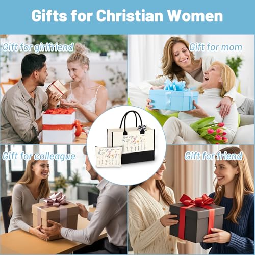 2Pcs Bible Bags Christian Gifts for Women, Large Canvas Tote Bag with Small Make up Bag, Elegant Handbags for Women Christian Gifts Religious Jesus Bible God Says Bag Set for Christmas Birthday
