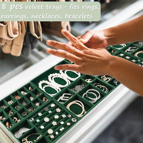Jewelry Drawer Organizer, 8 Set of Stackable Velvet Organizer Tray, Drawer Inserts for Jewelry Organization, Showcase and Safely Store Your Collection with Elegance and Sophistication (Green) Green