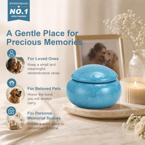 Small Urn for Human Ashes, Blue Ceramic Mini Keepsake with Spoon