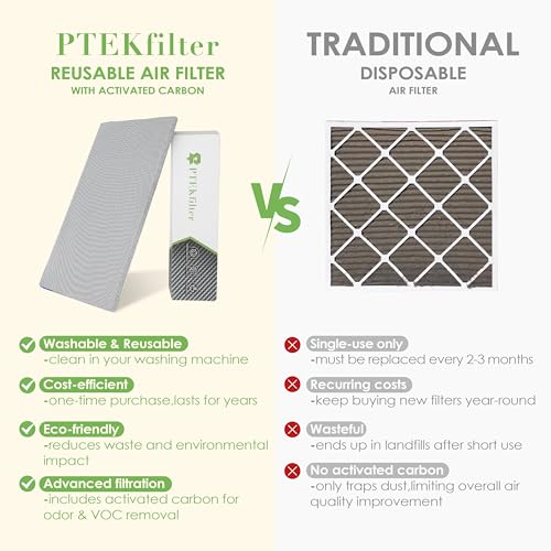 16x25x1 Washable & Reusable Air Filter with Activated Carbon Layer, MERV 8 Air Filters for AC HVAC Furnace, Machine Washable & Dryer Friendly 16" x 25" x 1"