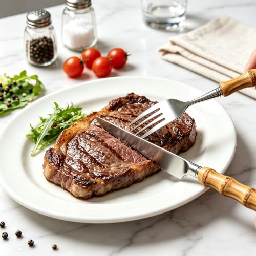 20-Piece Bamboo Handle Silverware Set for 4, 18/8 Stainless Steel Flatware Includes Knives, Forks and Spoons, Rust-Resistant Reusable Cutlery for Kitchen, Dining and Camping