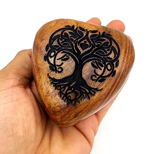 5MOONSUN5's Wooden Heart Tree of Life Engraved Urn Keepsake Cremation Urn for Human pet Ashes Handcrafted Urn Heart Shaped - Perfect for Adults & Infants with Brass Stand 3 inch
