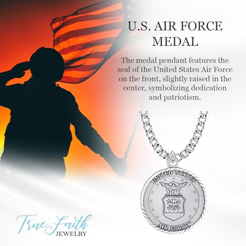 True Faith Jewelry Sterling Silver United States Air Force Service Medal with St Michael Patron Saint Archangel Pendant Necklace, 3/4 Inch