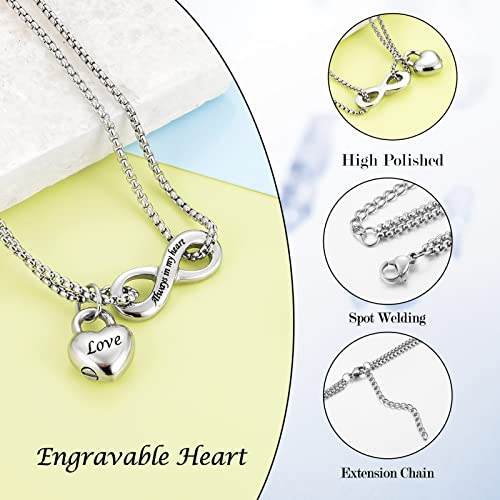 XIUDA Infinity Urn Necklace for Human Ashes Always in My Heart Cremation Necklace Stainless Steel Memorial Ash Jewelry for Women Silver