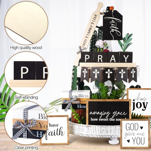 Tatuo 13 Pcs Easter Tiered Tray Decor Set Religious Wooden Table Decor