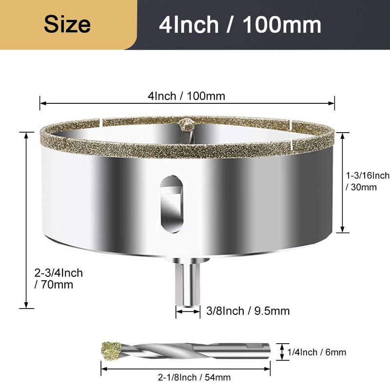 ASNOMY 4 Inch (100mm) Diamond Hole Saw with Pilot Drill Bit, 4" Diamond Tip Coated Hole Saw with Guiding Drill Bit for Glass Ceramic Marble Porcelain Tile Granite Quartz 100mm | 4''