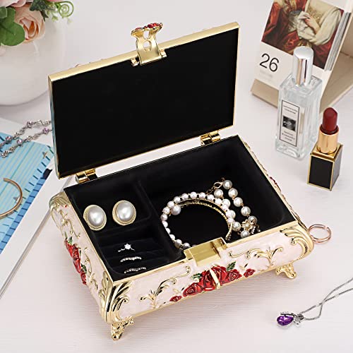 Hipiwe Vintage Metal Jewelry Box for Earrings Necklace Bracelet Organizer Large Beige