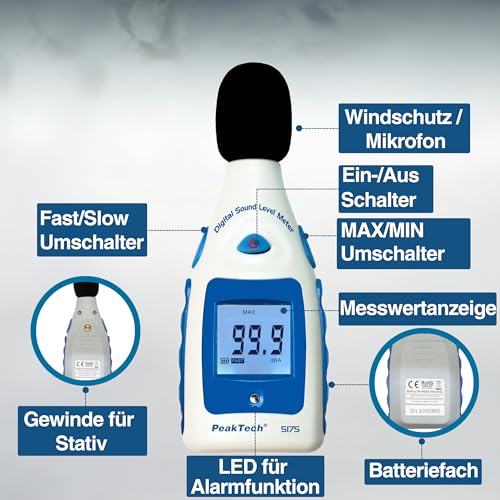 PeakTech P 5175 Digital Sound Level Meter 30-130 dB in A-Rating 1/2 Inch Microphone, Class 2, Noise Measurement, Pack of 1 Single