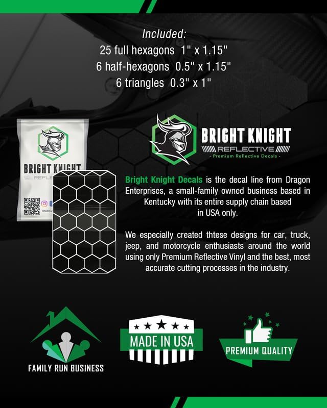 BRIGHT KNIGHT DECALS Hexagon Reflective Stickers for Helmet - Black, Pack of 2, Motorcycle Helmet Stickers, 3M Waterproof Reflective Vinyl Tape for Hard Hats, Cars & Bike Decals for Night Visibility 2 pk