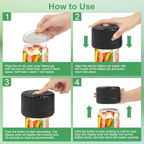 Electric-Mason-Jar-Vacuum-Sealer, Wide Mouth and Regular Mouth Mason Jars with LED Indicator for Food Storage and Fermentation, Black, VP06+