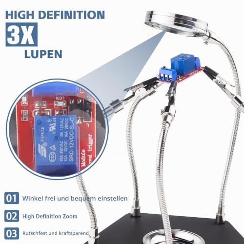 Third Hand Soldering with 3 x Magnifying Glass Soldering Aid Magnetic Helping Hand Soldering Circuit Board Holder Tool Model Making Accessories Four Arms Helping Hands for Soldering and Crafts Workshop Helping Station A