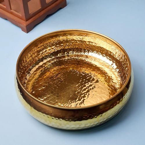 SATVIK Decorative 9.5 Inch Hammered Pattern Brass Urli For Floating Candles Tea Lights Flowers Handcrafted Bowl Indian Festive for Home Office Mandir Living Room Table Top Diwali Décor Gifts Items DESIGN 1