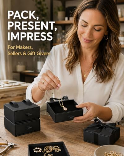 12 Pcs Drawer Jewelry Box for Necklaces, Black Kraft Paper Gift Boxes for Jewelry Packaging, Small Pull Out Box with Sponge Velvet Pad, Bulk Gift Boxes for Small Business, Crafts (4"x4") (Black)