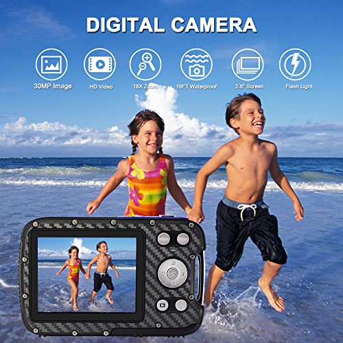 16FT Underwater Camera 30MP Waterproof Digital Camera with 32G Card and Rechargeable Battery, 18X Point and Shoot Camera for Boys Girls Children Teens Snorkeling Swimming Vacation(Blue) 1080P Blue