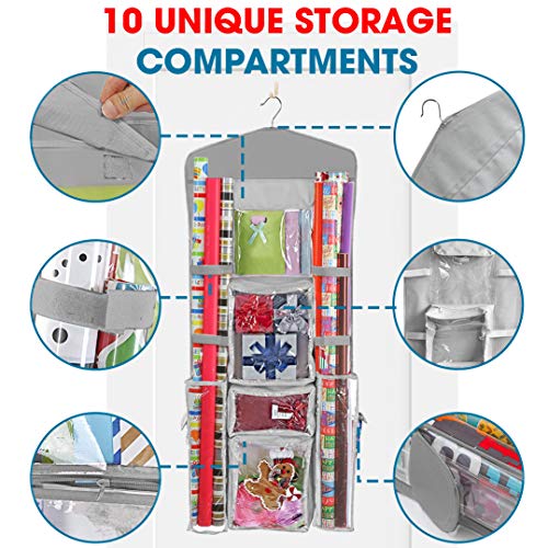 ProPik Hanging Double Sided Christmas Gift Wrapping Paper Storage Organizer With Multiple Pockets Organize Your Gift Wrap, Gift Bags Bows Ribbons 40"X17" Fits 40 Inch Rolls Clear PVC Bag 1 Unit (Grey) Grey