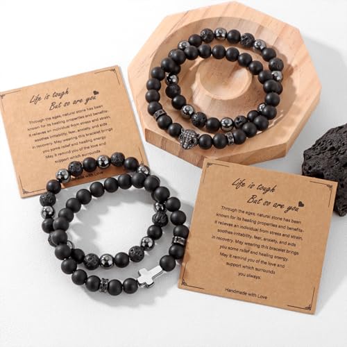 Natural Stone Bracelet 8mm Mens Black Beaded Bracelets Hematite Obsidian Onyx Lava Beads Bracelet Healing Crystal Bracelet for Men Skull
