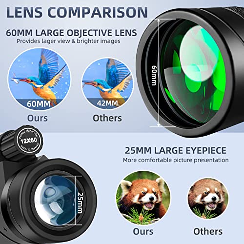 12x60 Monocular Telescope High Powered with Smartphone Adapter Tripod and Portable Bag, Larger Vision Monoculars for Adults with BAK4 Prism & FMC Lens, Suitable for Bird Watching Hiking Travel Black Monocular
