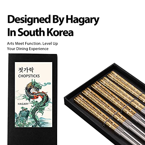 Hagary Dragon Chopsticks Metal Reusable Designed In Korea Japanese Style Stainless Steel 316 18/10 Non-Slip Dishwasher Safe Laser Etched (Gold - 5 Pairs) Gold - 5 Pairs