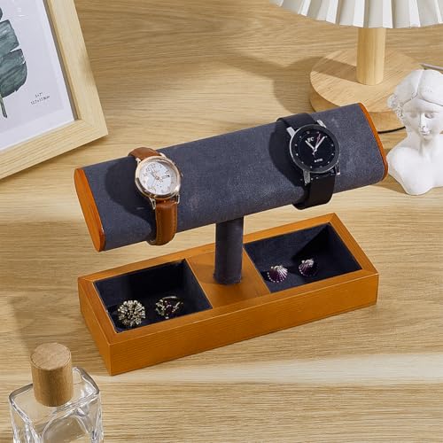 PH PandaHall 1pc Wood Watch Display Stand Jewelry Organizer with Velvet Tray Grid Grey T Shaped Bracelet Holder for Women Men Home Store Decor Christmas Birthday Gift Decoration
