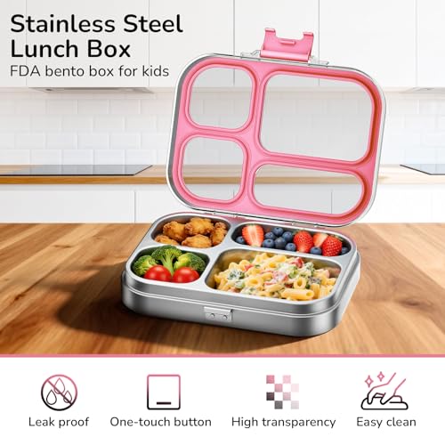 G.a HOMEFAVOR Stainless Steel Bento Lunch Box, Pink, 800 ml/27 oz 27 oz(4-Compartment)