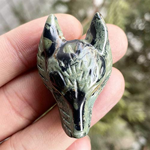 Handcarved Wolf Head Animal Statue Figurine, Pocket Healing Crystal Sculpture Ear Drilled 1.5", Kambaba Jasper Green Kambaba Jasper