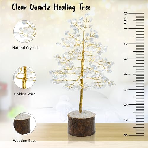 Crocon Clear Quartz Healing Crystal Tree 7-8 inch Bonsai, Desk Decor & Clear Quartz ( Golden Wire )