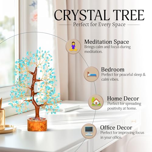 YATSKIA Turquoise Crystal Tree | Crystal Bonsai Tree | Healing Stones | Desk Decor for Women | Positive Energy Decor | Birthday Gift for Women | Crystals Gift | 10 Inch Turquoise Golden Wire