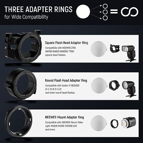 NEEWER CRS6 Softbox Diffusion Dome with 3 Adapter Rings, Compatible with Godox V1 Z2PRO Z3R Round Head Flash and Square Speedlite Z880 and More, NEEWER Mount for Video Light MS60B MS60C MS150B