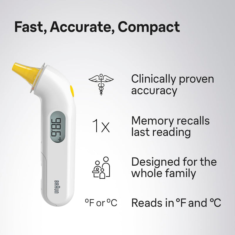 Braun ThermoScan 3 Ear Thermometer, Fast 1 second measurement, Audio Fever Indicator, Digital Display, Baby and Infant Friendly, No. 1 Brand Recommended by Pediatricians, IRT3030 White 1 Count (Pack of 1)