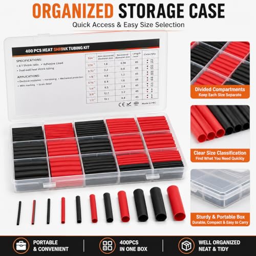 Pack of 400 Shrink Tubing, 4:1 Shrink Tube Set with Adhesive, IP68 Heat Shrink Tube, Waterproof, Shrink Tubing Red & Black for Cable Repairs, 7 Sizes