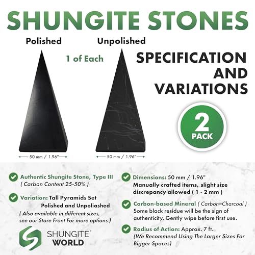 Shungite World 2 pcs Authentic Tall Shungite Pyramids Set 50 mm / 1.96" Polished and Unpolished Chakra Energy Natural Healing Crystal Real Home Protection Desk Decor Meditation Reiki Grounding Stone 50 mm / 1.96"