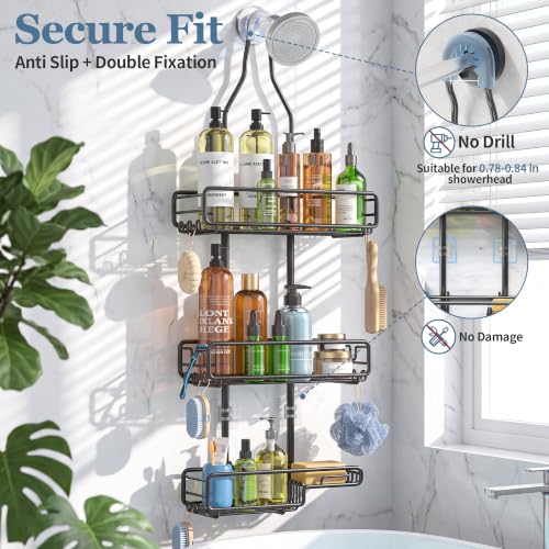 Skyapex Shower Caddy Hanging Bathroom Organizer: Over Head Adjustable Rack for Tall Showerhead - Extra Large Storage Shelf for Big Shampoo Bottles with Soap Holder Black