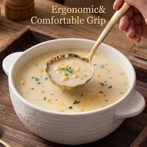Gold Soup Ladle Set of 2, Premium 18/10 Stainless Steel Sauce Ladle with Artistic Shell-Shaped Design, 9-Inch Small Ladle for Serving Soup, Gravy and Sauce, Mirror Polished, Dishwasher Safe Serving Soup Spoon(Gold)