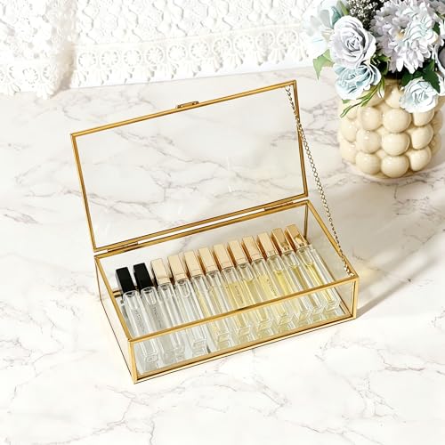 Feyarl Gold Glass Jewelry Box Clear Keepsake Photo Display Box Trinket Ring Earrings Organizer Display Case Holder for Dresser Home Decor Dresser Wedding (8 x 4.3 x 2.2 inch) 8 x 4.3 x 2.2 inch