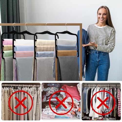 4 Pack Space Saving Velvet Pants Hangers, Dorm Room Essentials, Non-Slip Multi-Tier Closet Organizer for Jeans & Slacks, Maximize Wardrobe Storage with Multi-Purpose Rack for Shorts, Scarves & Ties Black 4 Pack