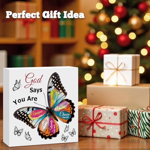 Christian Gifts for Women Birthday Christmas Butterfly Inspirational Gifts for Friends Family Coworker Religious Spiritual Gifts for Her Christian Wooden Sign for Home Office Shelf Desk Decor