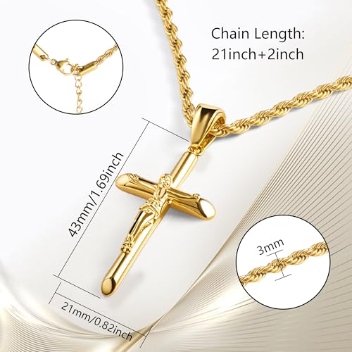 Cross Necklace Stainless Steel Gold/Silver Crucifix Necklace for Men Women A Plated 14k Gold 55+5cm