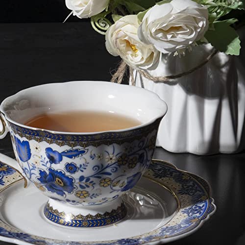 ACMLIFE Bone China Tea Cups and Saucers, 6.8 oz Tea Cup and Saucer Set, with Gold Trim and Gift Box, Blue and White (Blue-D) Blue-D