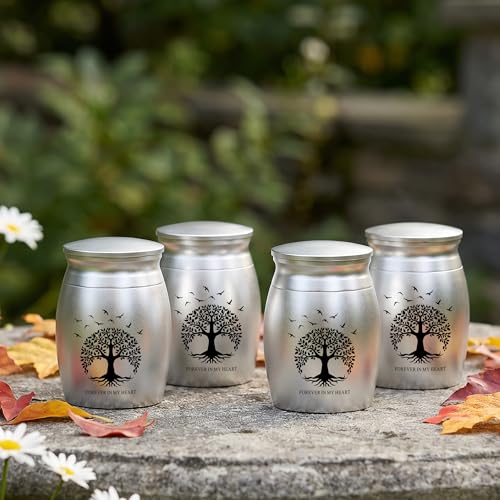 Gredstar Small Urns for Ashes, Set of 4 Mini Cremation Containers for Pet and Human Ashes, Memorial Gifts for Loved Ones (Silve, Tree of Life Memorial) Silve