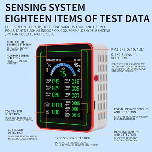 [Australia - AusPower] - 18 in 1 Air Quality Tester for Home, Indoor Air Quality Monitor, with Air Quality Index, CO2, HCHO, TVOC, PM5.0, PM0.3, PM1.0, PM2.5, PM10 etc, Support Data Storage and 