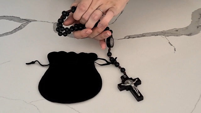 Alexander Castle Our Father Solid Wooden Rosary Beads (Handmade - Brazilian Walnut) with St Benedict Junction - Comes in Velour Gift Pouch (Black)