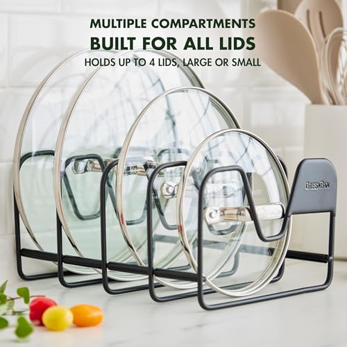 GreenPan Stainless Steel Wire Pots and Pans Lid Storage Rack, Holds 4 Lid Covers, Easy Storage, Countertop or Cabinent Organizer, Minimizes Clutter, Fast Drying, Wipes Clean, Black