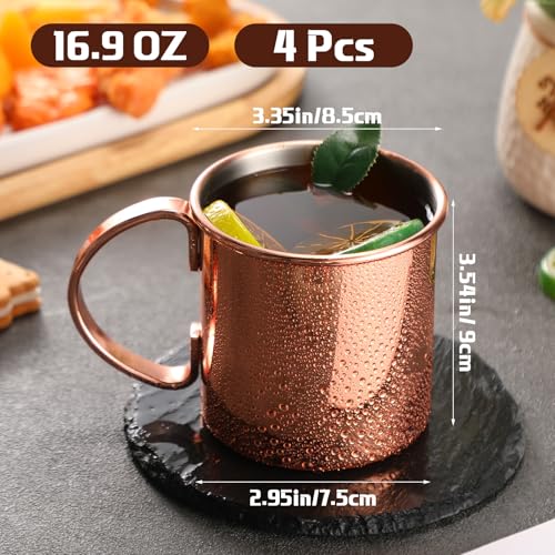 Set of four SiliFine Moscow Mule mugs in copper, 16.9 oz with handles, showcasing their shiny, metallic finish.