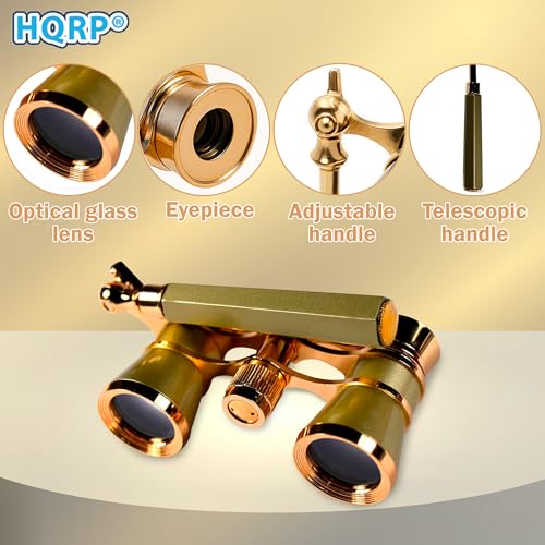 HQRP 3 x 25 Opera Glasses Theater Binoculars, Crystal Clear Optic (CCO), Yellow/Golden Color with Gold Trim, Built-in Extendable Handle, for Adults Kids Women in Musical Concert, Gift Box Golden