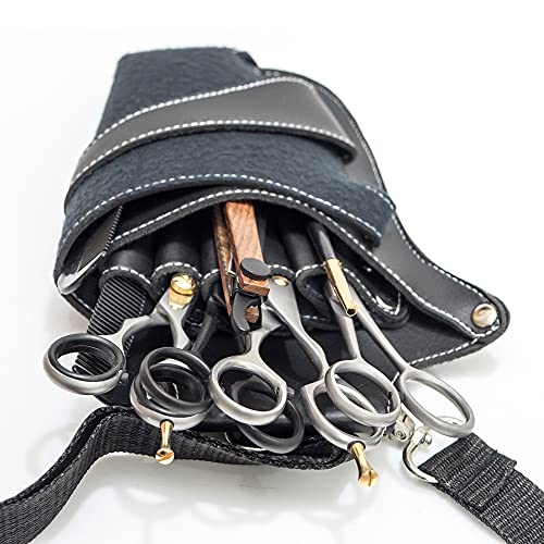 IKAS black PU leather scissor holster with multi-color shear holder for hairdressers, barbers, and pet groomers