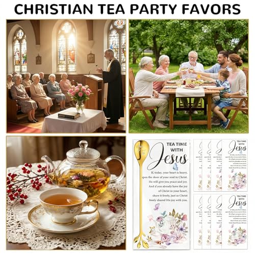 50 Sets Christian Tea Party Favors Stainless Steel Leaf Tea Spoons with Prayer Cards Clear Bags, Religious Gifts for Women Ministry Mothers Day Easter Church Christmas Birthday Family Reunion Gifts Gold 50 Jesus and Tea