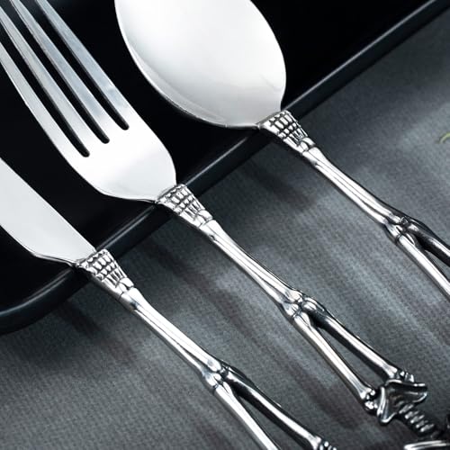 HZMAN Gothic Skull Flatware: Dinner Knife, Dinner Fork, Soup Spoon & 3-Piece Place Setting, Stainless Steel Cutlery Set for Home Kitchen, Halloween Table Decor Knife, Fork, and Spoon
