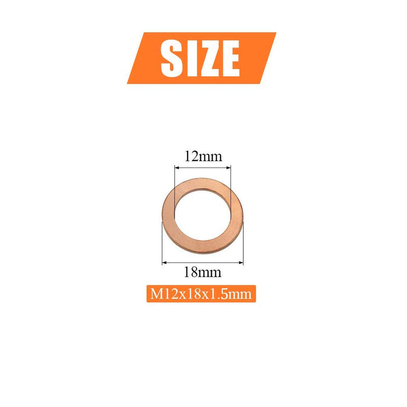 [Australia - AusPower] - M12 Flat Washer Copper Sealing Ring, 12mm ID 18mm OD 1.5mm Thickness Metric Sealing Gasket, 50 Pieces M12 