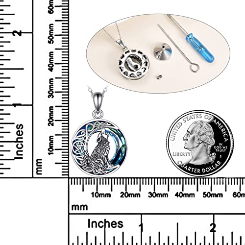 POPLYKE Sterling Silver Wolf Necklace Gifts for Women Celtic Knot Wolf Moon Pendant Necklace Jewelry for Men 18+2'' Wolf Urn (Turquoise)