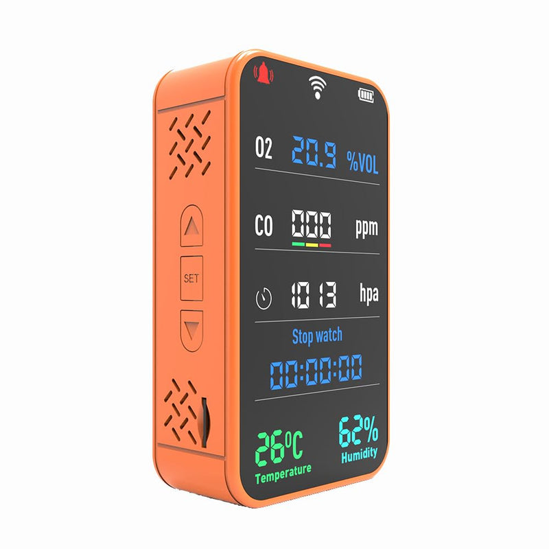 [Australia - AusPower] - 7-in-1 Portable Oxygen Monitor, Environmental O2 Monitor with Air Pressure, Temperature, Humidity, Stopwatch Rechargeable 3000mAh Battery, SD Card Data Logging Device for Hiking, Camping & Outdoor Use Orange 